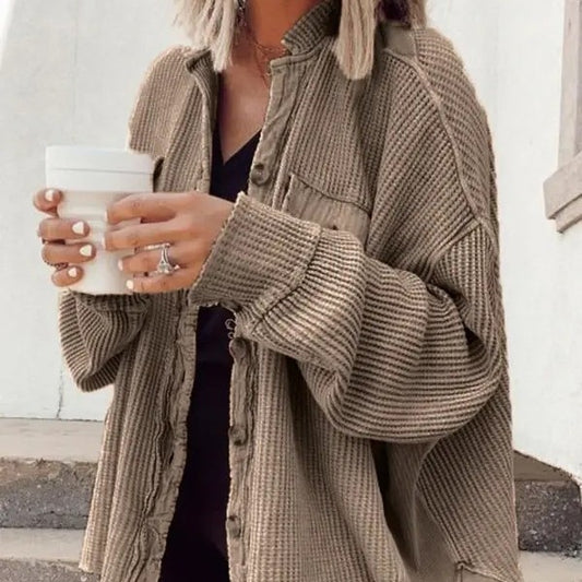 Women's Patchwork Irregular Shirt Jacket - Loose Long Sleeve Top