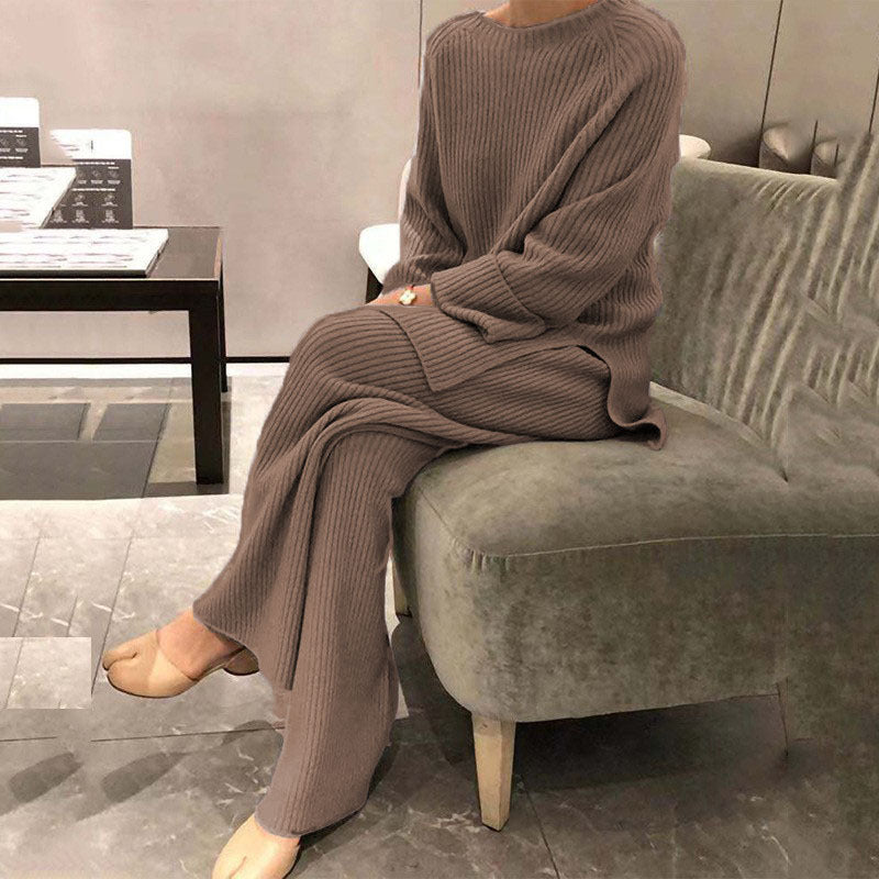 Women's Knit Casual Two-Piece Set - Knitted Sweater and Pants Outfit