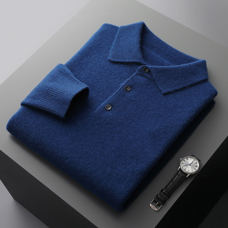 Premium Men's Pure Wool Polo Collar Knit Sweater - Luxury Comfort & Style