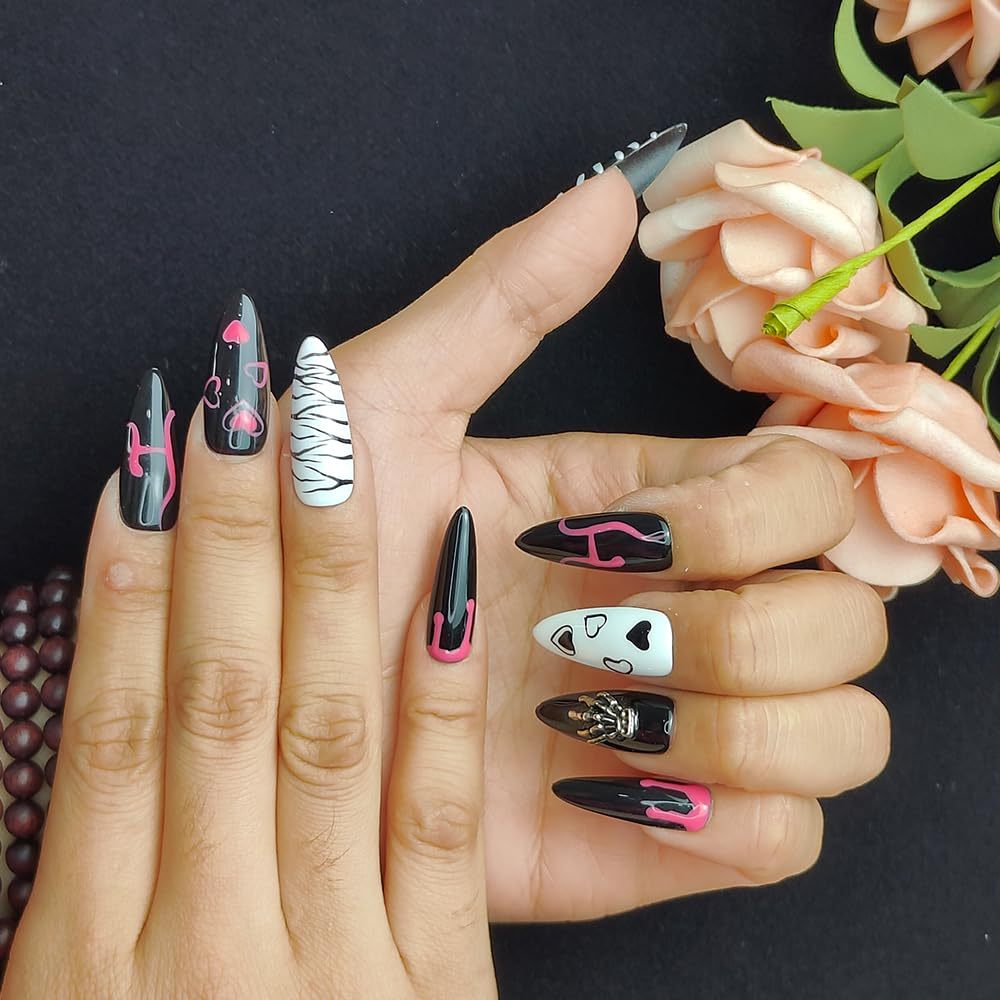 GGddsha Dark Series Pure Handmade Pressed Full StickMedium Almond Nails Hand Painted Designs ReusablePMMA Acrylic Press On Nails With Rhinestones Fake Nailsw Box Ladies Gifts,Eclipse Sketch