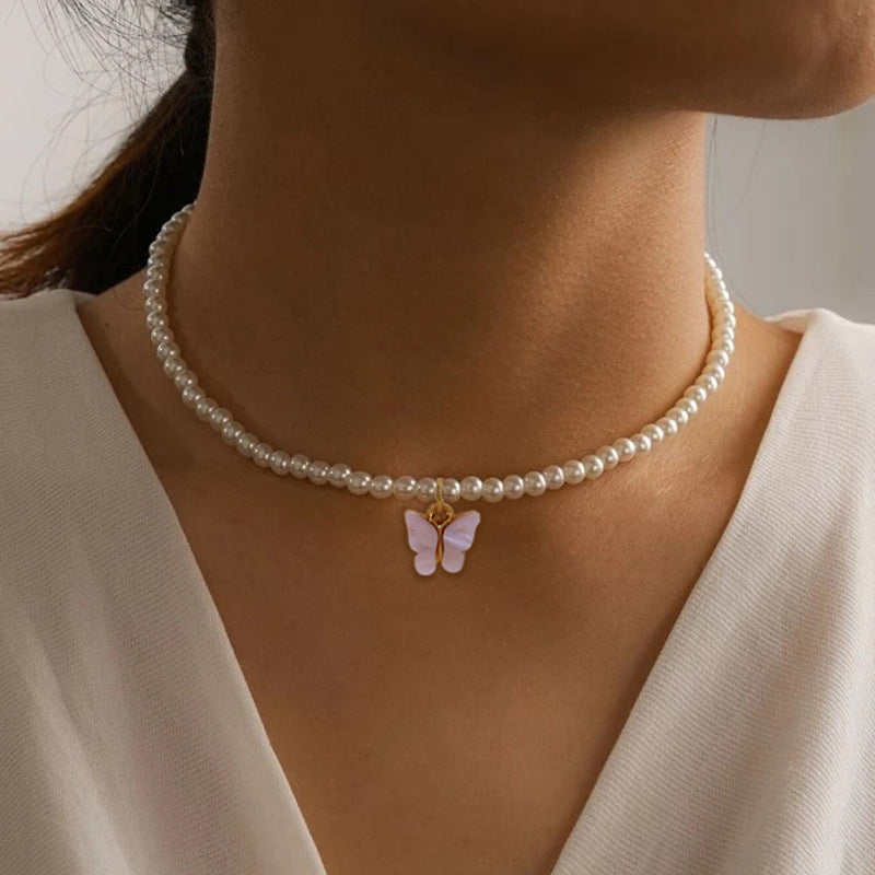 Elegant White Pearl Choker Necklace - Small Round Pearl Wedding Butterfly Necklace