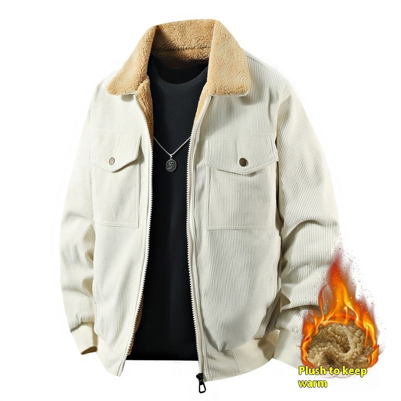 Premium Men's Fleece Corduroy Cotton Coat - Casual Polo Collar Winter Jacket