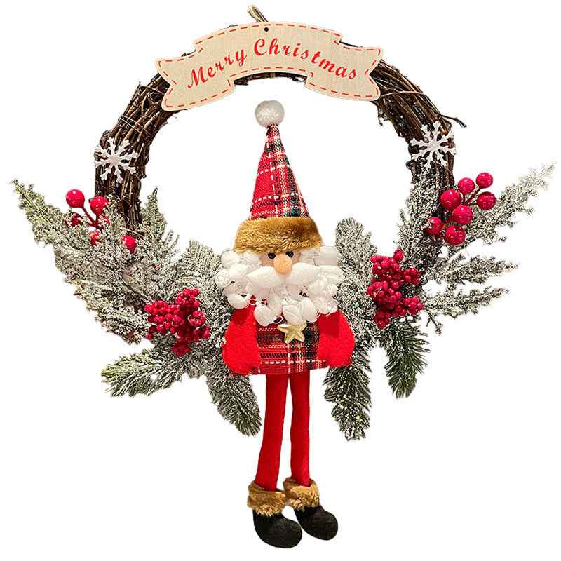 Christmas Wooden Vine Ring Wreath - Santa Claus Snowman Elk Pendant Decoration - DropOnline.co