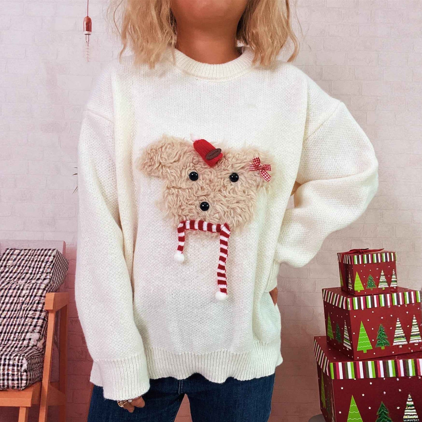 Women's Casual Round Neck Patchwork Casual Warm Sweater