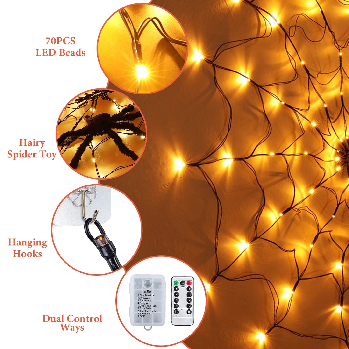 3.28ft Spider Web Light - 70 LED Battery Powered with Remote Control