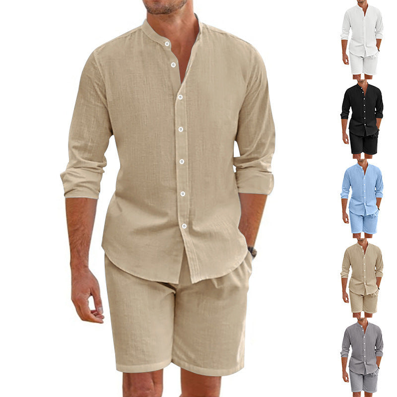 Men's Summer Short Shirt Suit Set - Beach Clothing with Drawstring Shorts