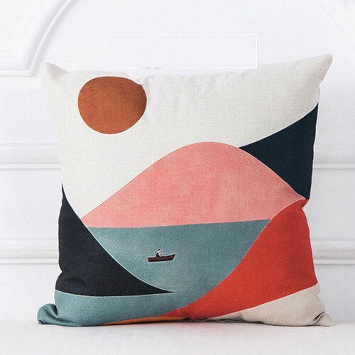 Mountain tree sunrise oil painting cushion cover