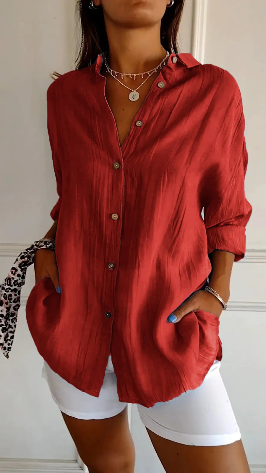 Women's Lapel Long Sleeve Shirt - Single-Breasted Pleated Button-Up