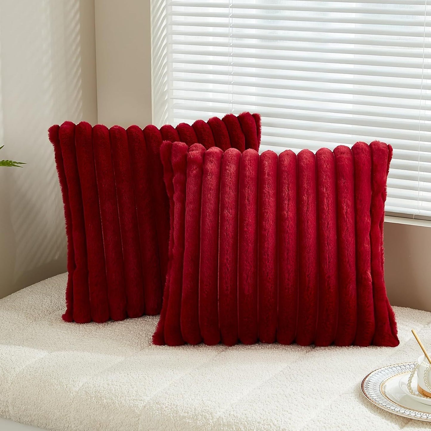 Rabbit Fur Solid Color Vertical Bar Plush Square Cushion Cover