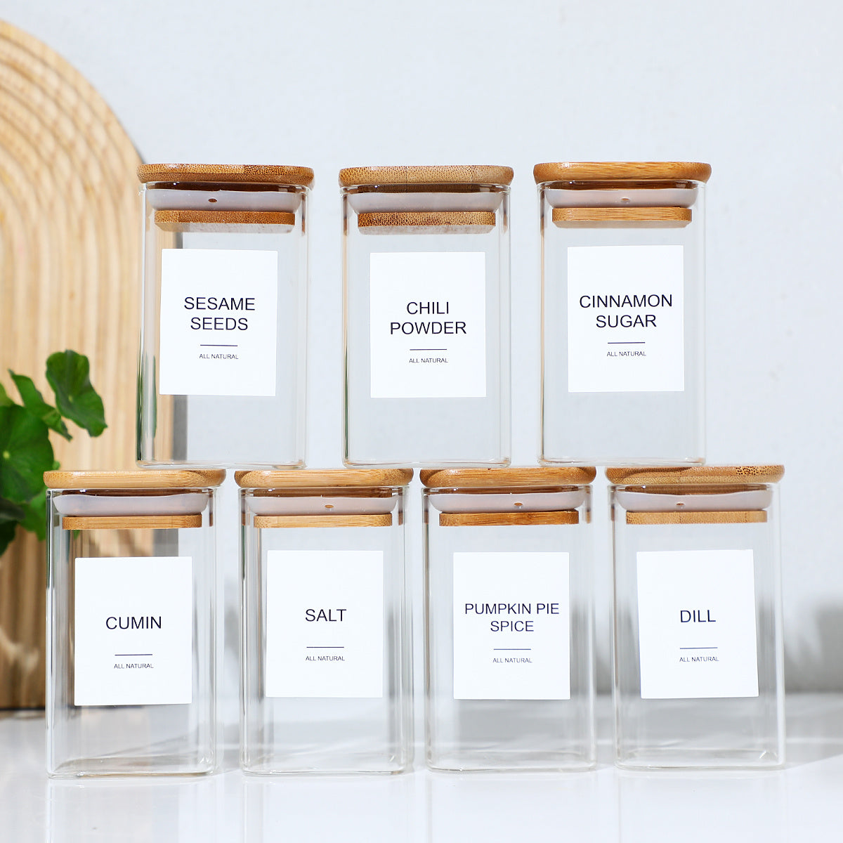 Square Spice Jars Set - 12 Piece with 72 Labels for Coffee, Tea & Kitchen Seasonings
