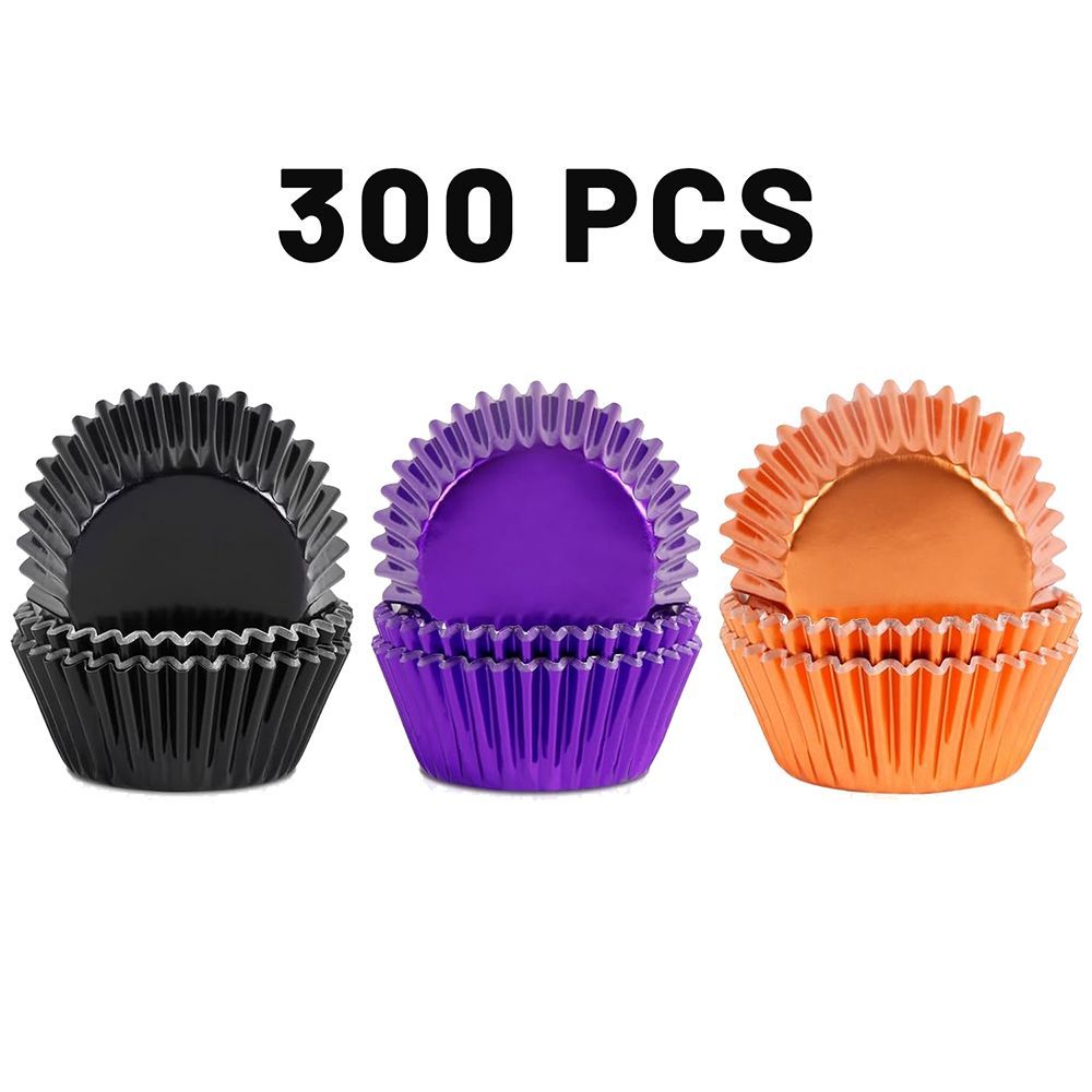 Halloween Foil Cupcake Liners - 300 Pcs Black Purple Orange Metallic