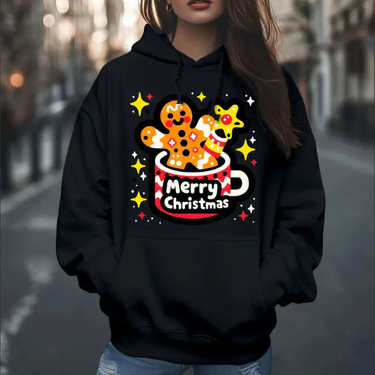 Women's Fashion Christmas Cute Cartoon Gingerbread Man Stars Coffee Mug Print Hoodies Long Sleeve Hood Sweatshirt Loose Fit Tops Fall Streetwear