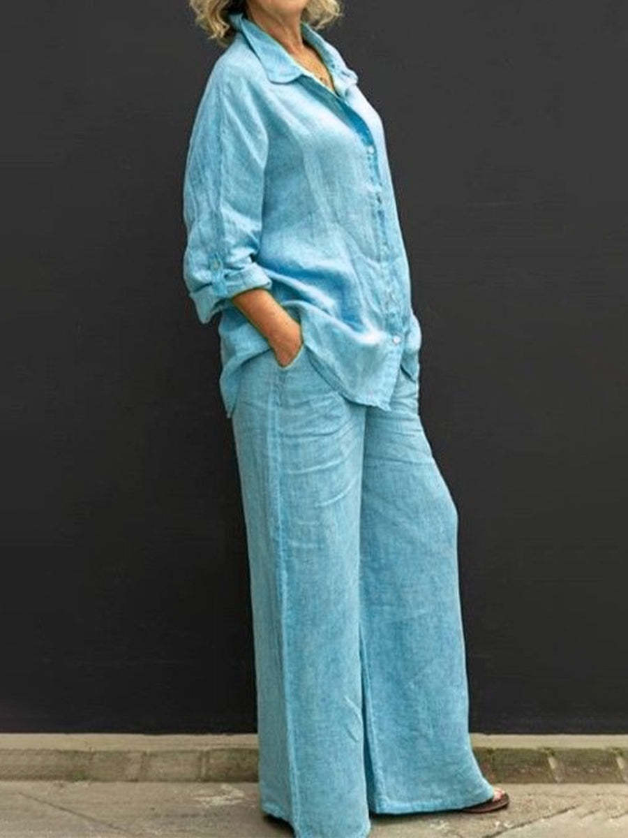 Women's Casual Urban Shirt Set - Long Sleeve Top and Trousers Outfit
