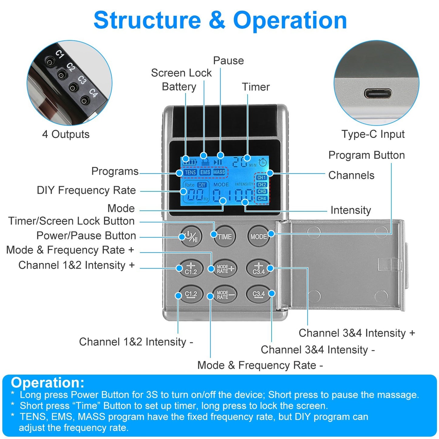 1Pc 4 Channel TENS Unit Muscle Stimulator Rechargeable Digital TENS Muscle Massager With 48 Modes 20 Intensity Levels 8 Pads Timer