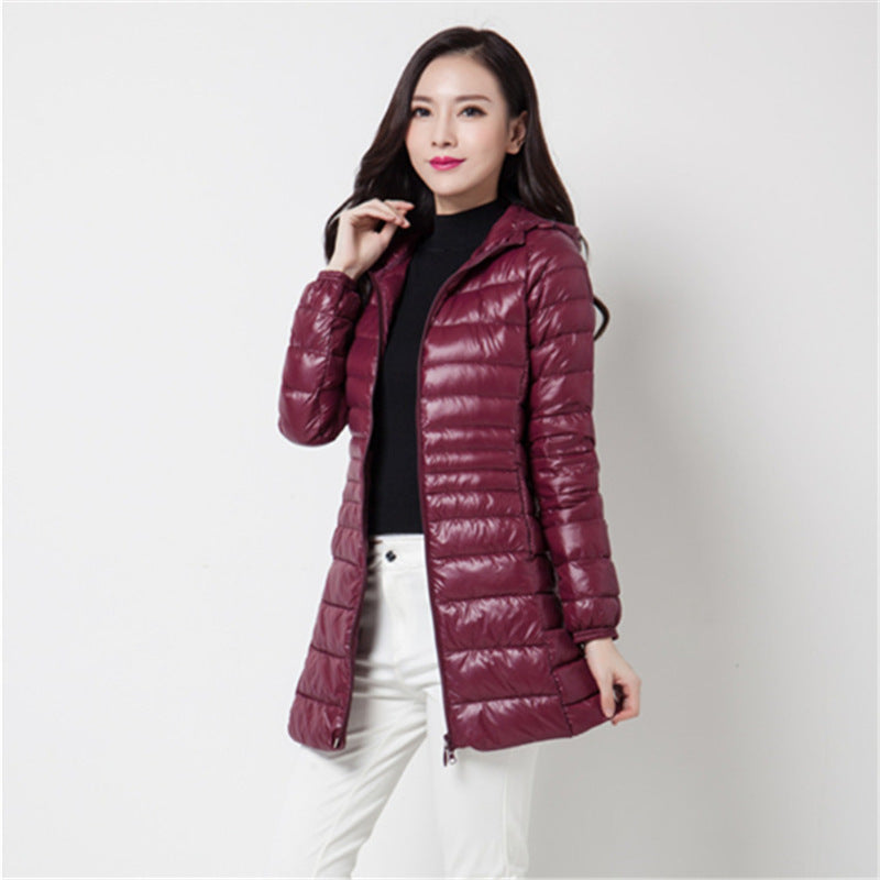 Slim-fitting hooded mid-length coat