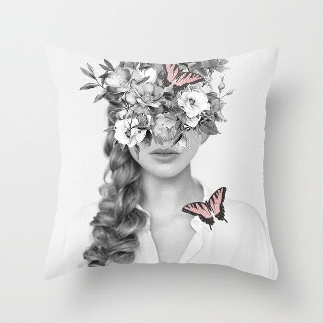 Abstract Print Flower Lady Cushion Cover - Artistic Pillow Cases for Modern Home Decor