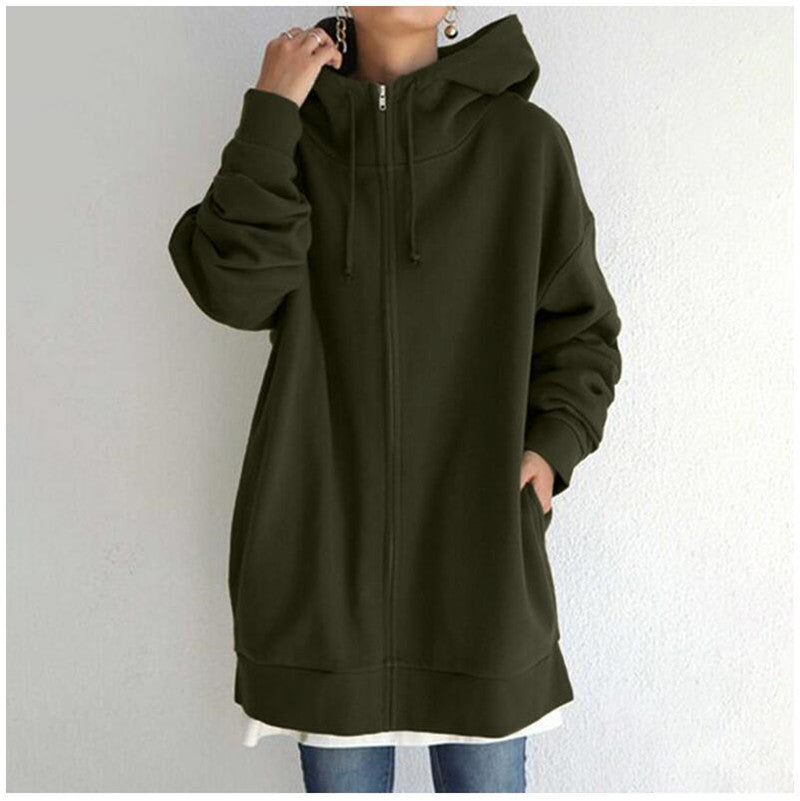 Women's Oversized Hooded Zip-Up Sweatshirt - Velvet-Lined Long Coat
