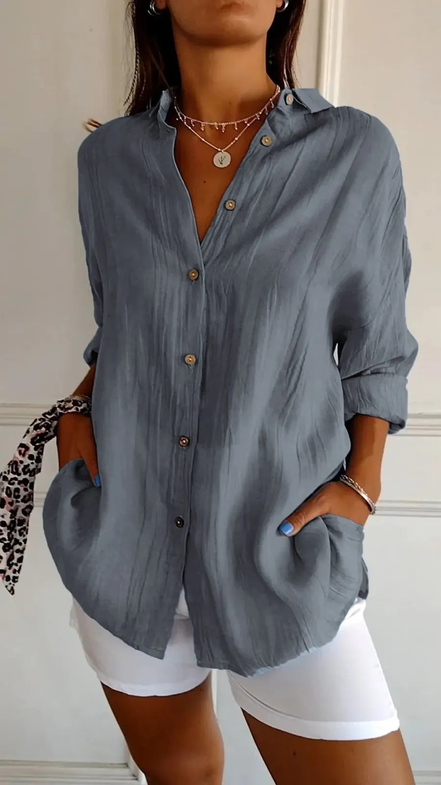 Women's Lapel Long Sleeve Shirt - Single-Breasted Pleated Button-Up