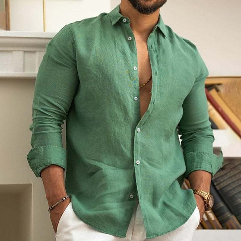 Men's Linen Button Shirt - Summer Beach Solid Color Casual Top