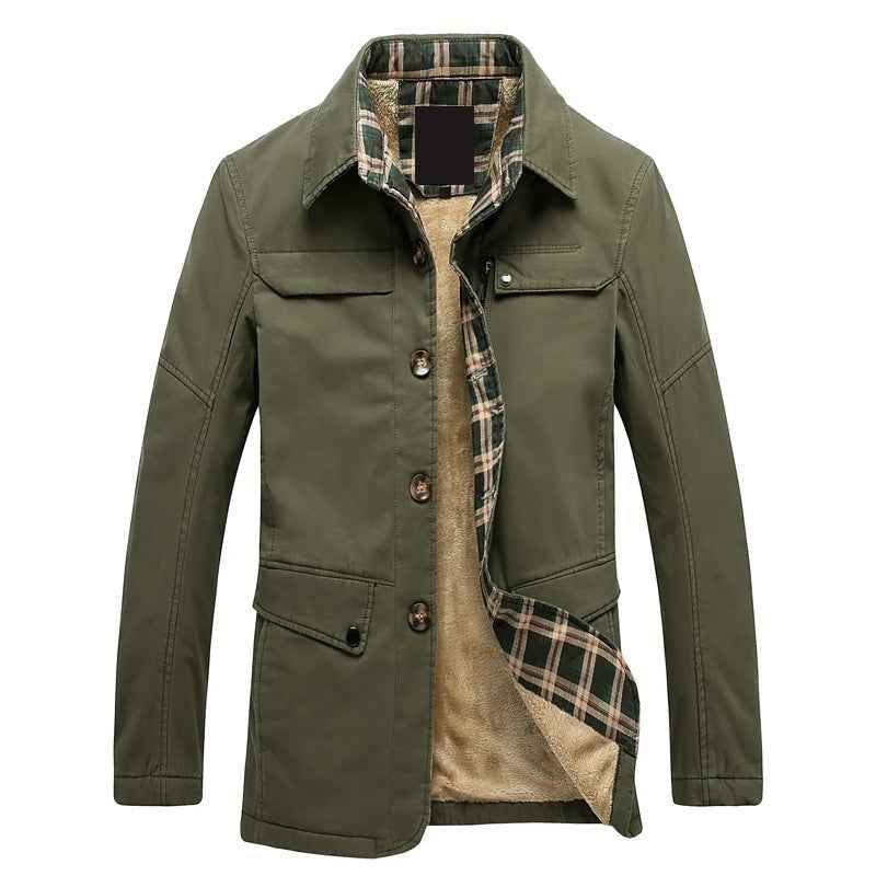 Fleece-lined Thickened Men's Washed Jacket Korean Style Slim Fit Trench Coat Men's