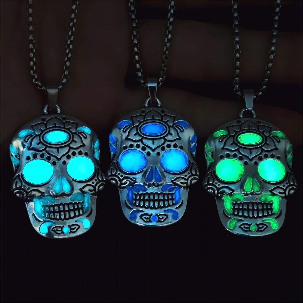 Halloween Luminous Skull Necklace - Day of the Dead Lotus Pattern