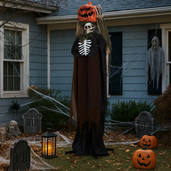 5.6ft Animatronic Pumpkin Head Ghost - Sound-Activated Halloween Decoration