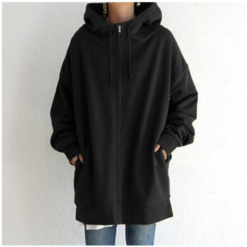 Women's Oversized Hooded Zip-Up Sweatshirt - Velvet-Lined Long Coat