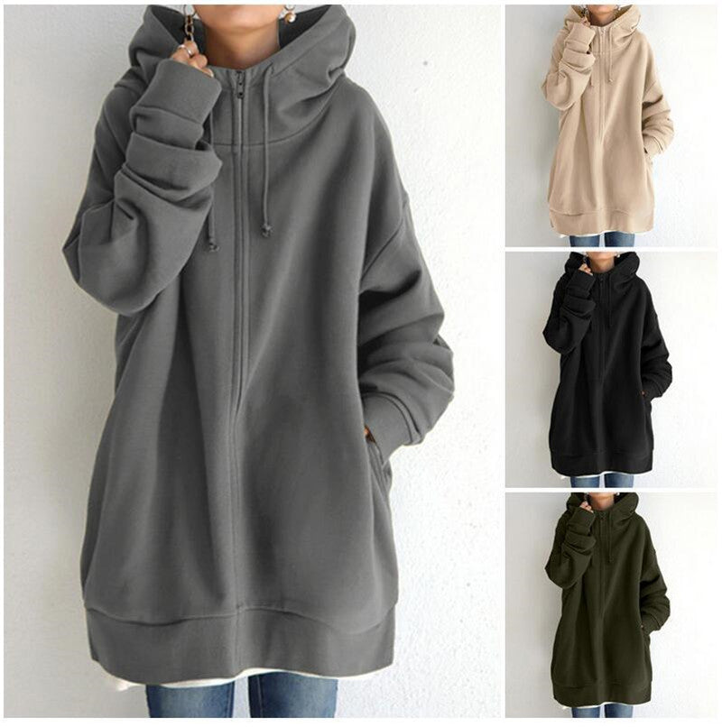 Women's Oversized Hooded Zip-Up Sweatshirt - Velvet-Lined Long Coat