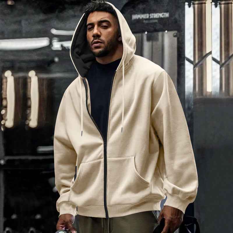Men's Fleece-lined Loose Drawstring Hooded Zip-up Sweater