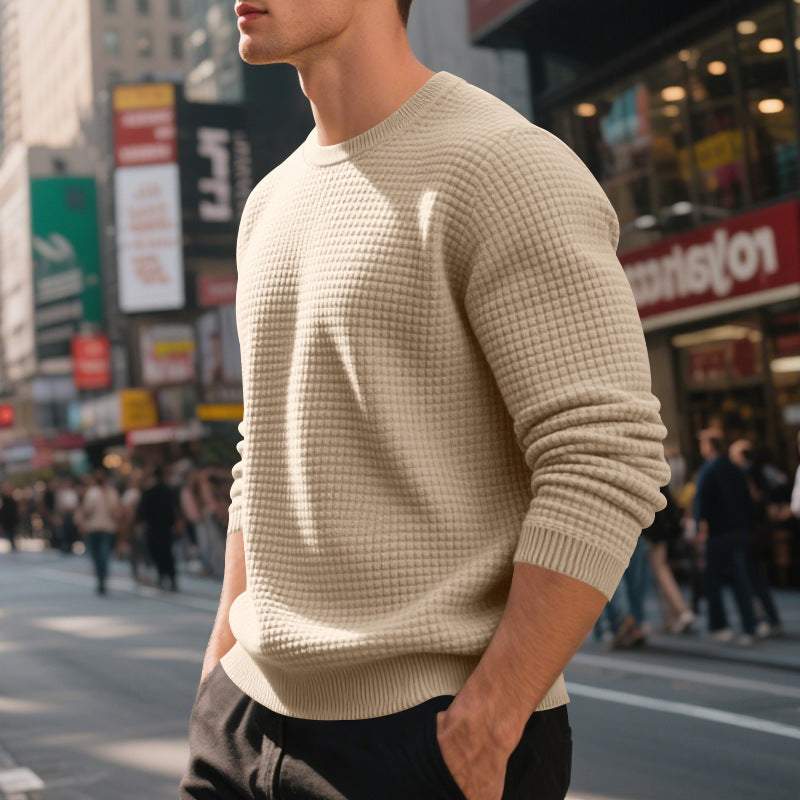 Men's Loose Simple Sports Jacquard Round Neck Sweater - Long Sleeve Athletic Top