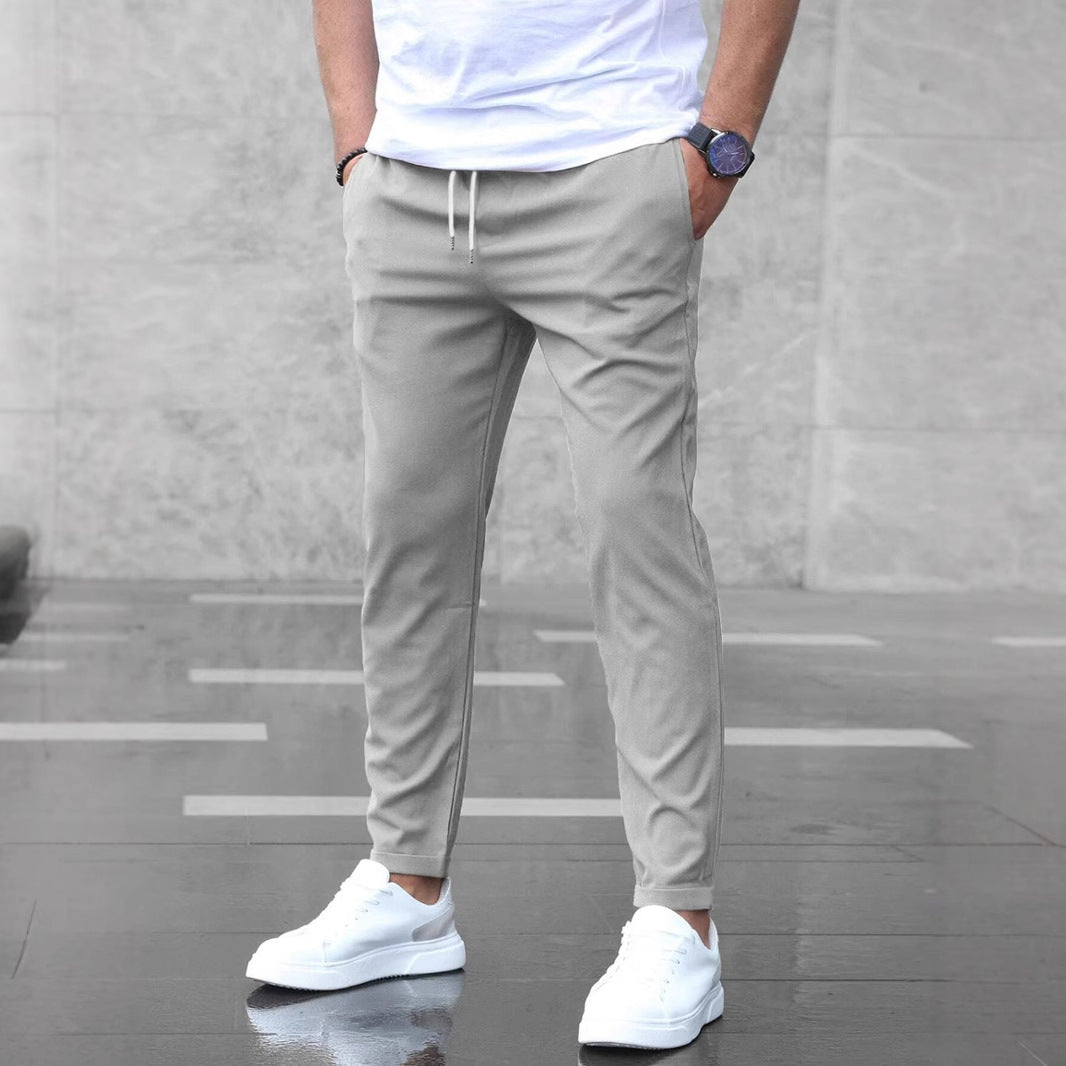 Men's Casual Drawstring Pants with Pockets - Slim Fit Straight Leg Trousers