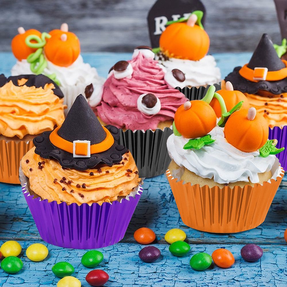 Halloween Foil Cupcake Liners - 300 Pcs Black Purple Orange Metallic