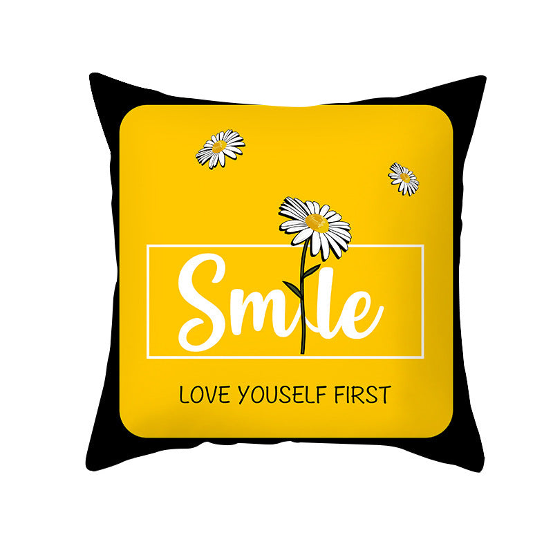 Modern Yellow Daisy Flower Cushion Cover - Creative Letter Print Pillow Case for Home