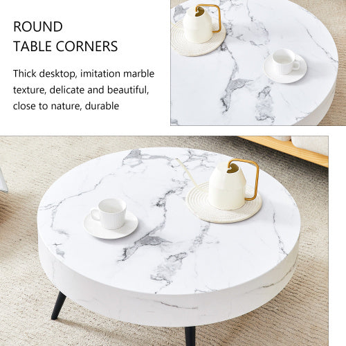 31.5 White Marble-Patterned MDF Round Coffee Table With Black Metal Legs.Adjustable Feet,Coffee Table,Round Table Design,MDF Material,White Marble Pattern.
