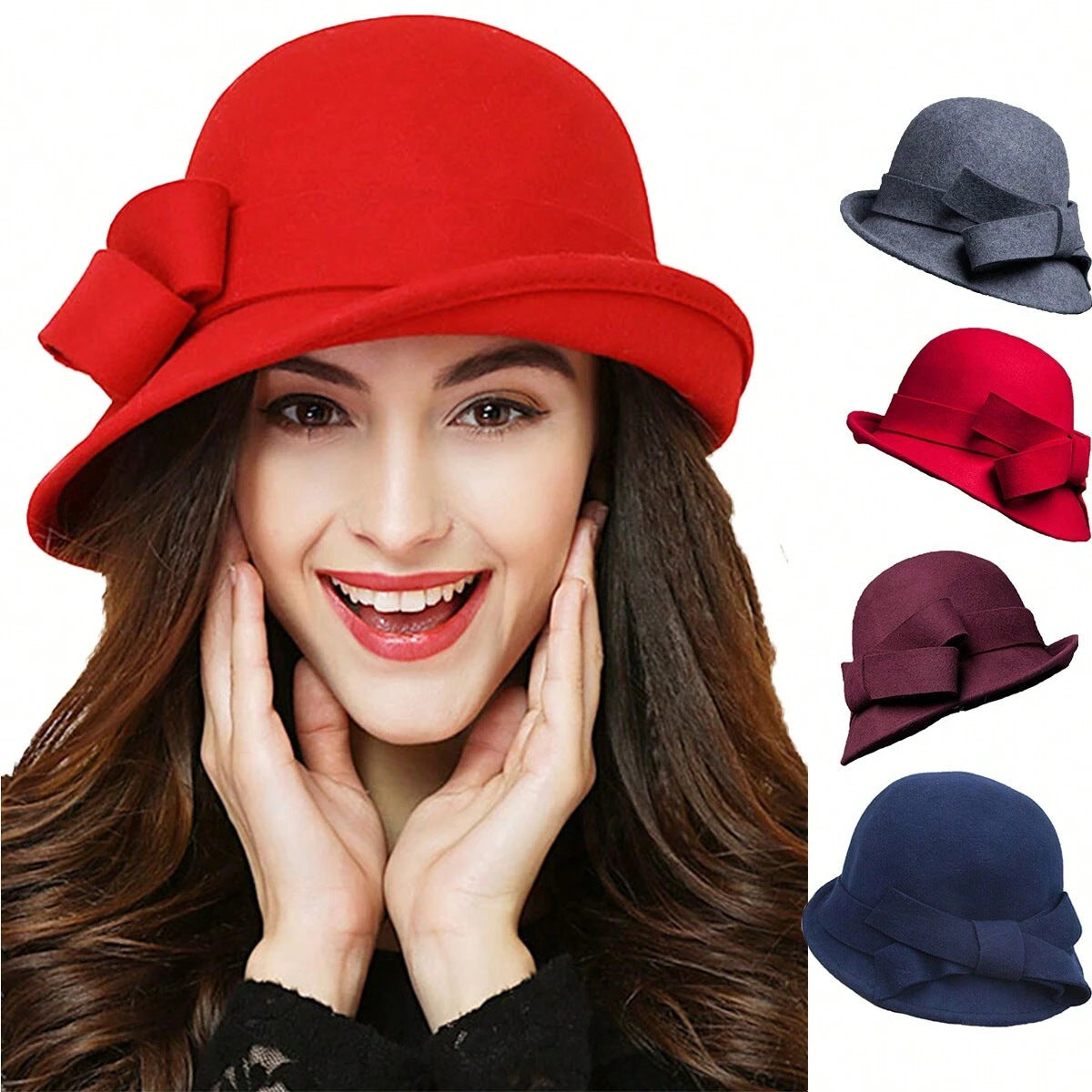 Women's French-Style Elegant Retro Woolen Bowler Hat with Curling Bow