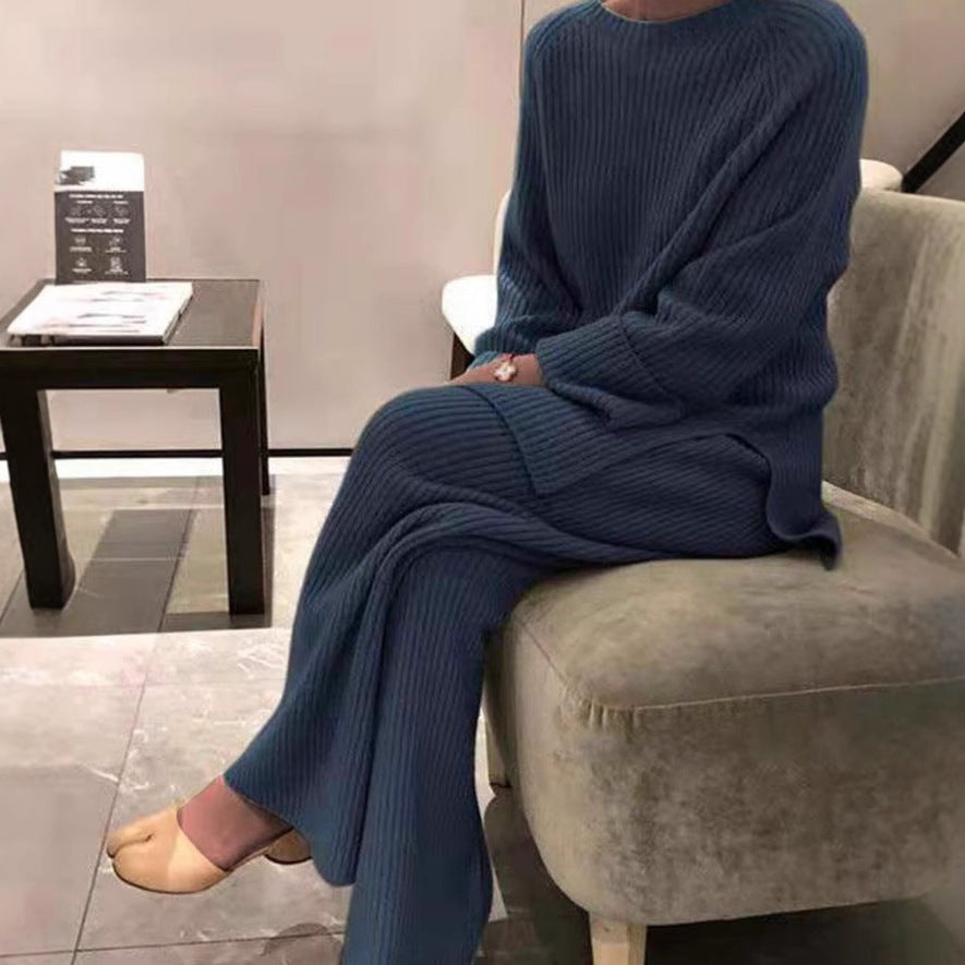 Women's Knit Casual Two-Piece Set - Knitted Sweater and Pants Outfit