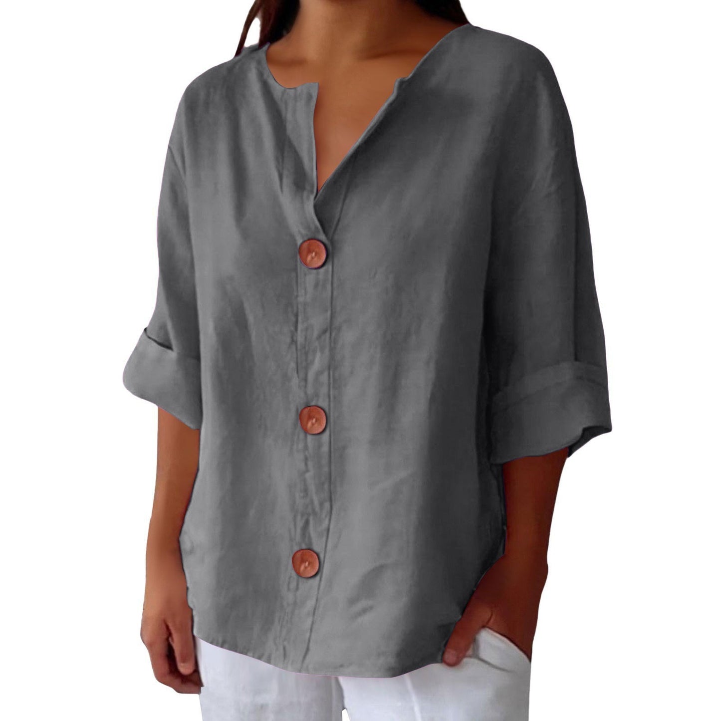 Loose V-Neck Cotton and Linen Button Top - Women's Casual Comfort Style