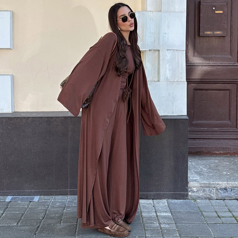 Women's Casual 3-Piece Set - Long Sleeve Coat, T-Shirt & Pants
