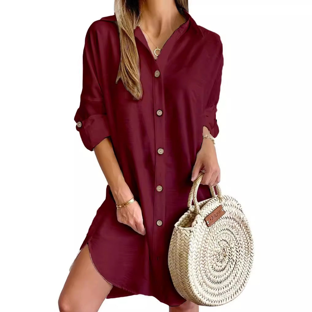 Autumn Casual Long Sleeve Lapel Button Shirt Dress - Women's Professional Style