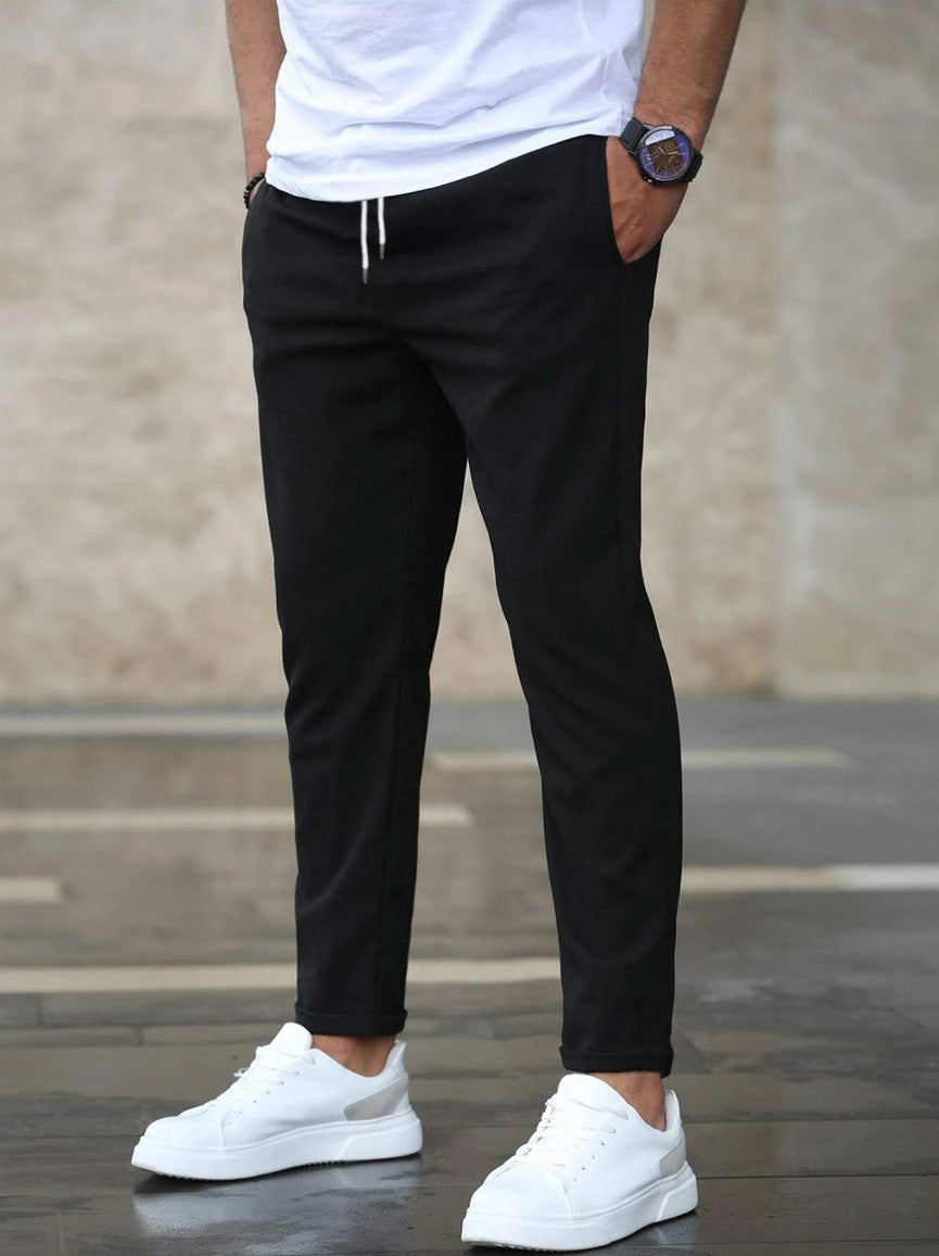 Men's Casual Drawstring Pants with Pockets - Slim Fit Straight Leg Trousers