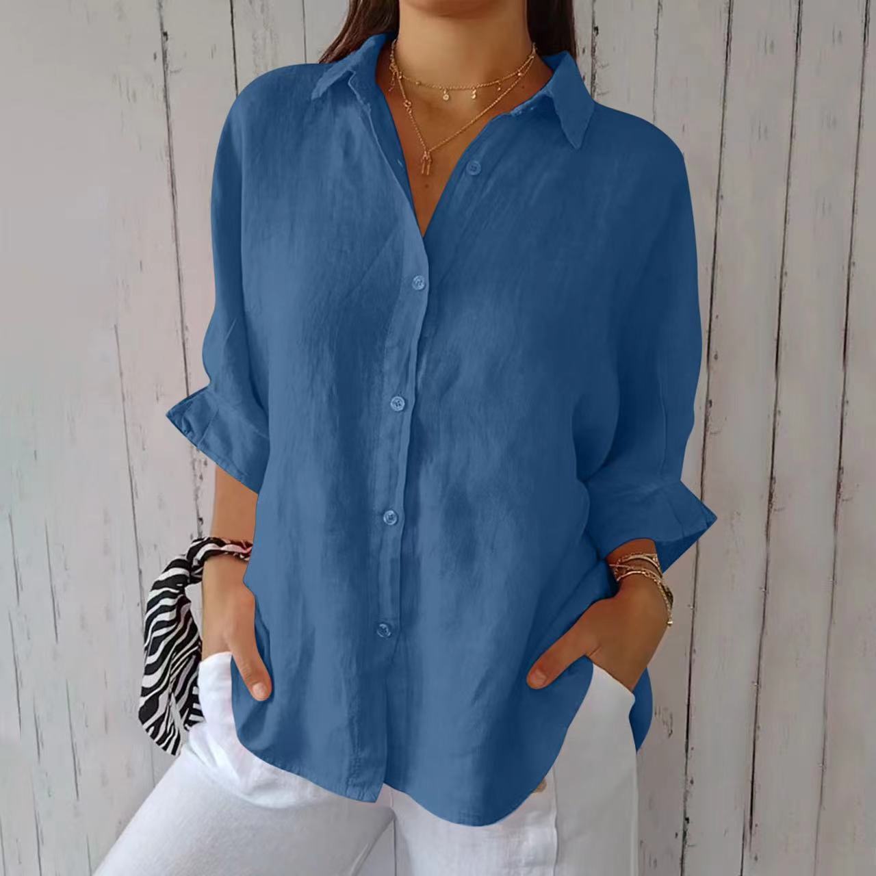 Women's Lapel Long Sleeve Shirt - Single-Breasted Pleated Button-Up