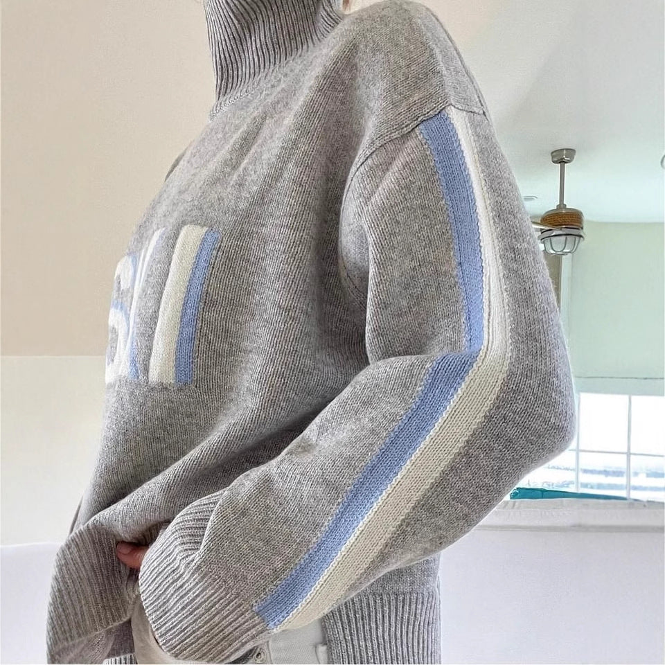 Womens Loose Fit High Neck Letter Sweater