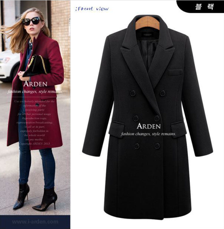Women's Double-Breasted Woolen Coat - Long Winter Outerwear