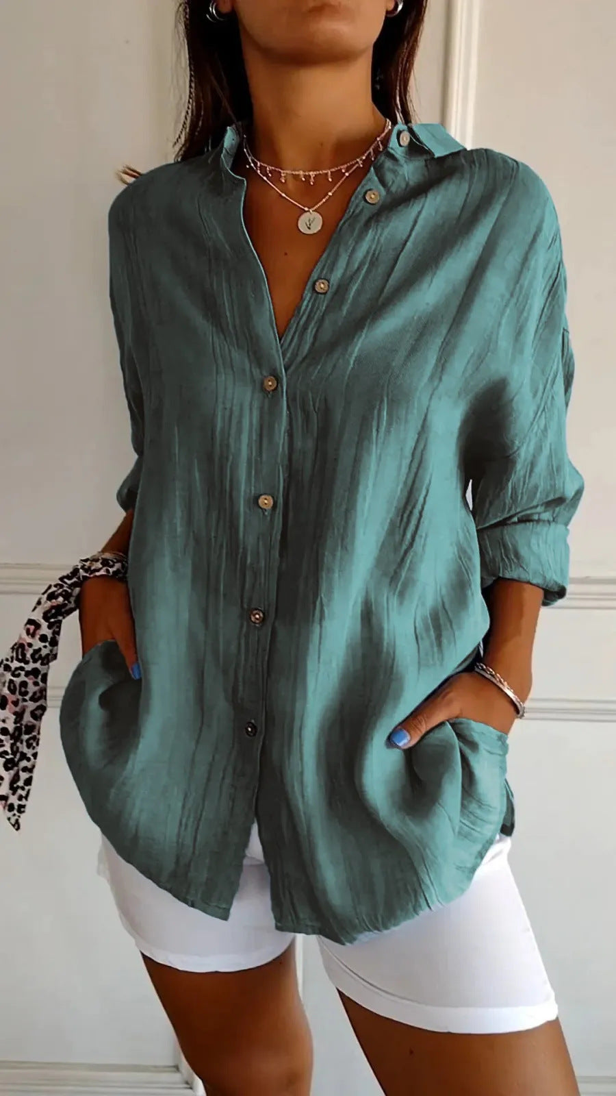 Women's Lapel Long Sleeve Shirt - Single-Breasted Pleated Button-Up