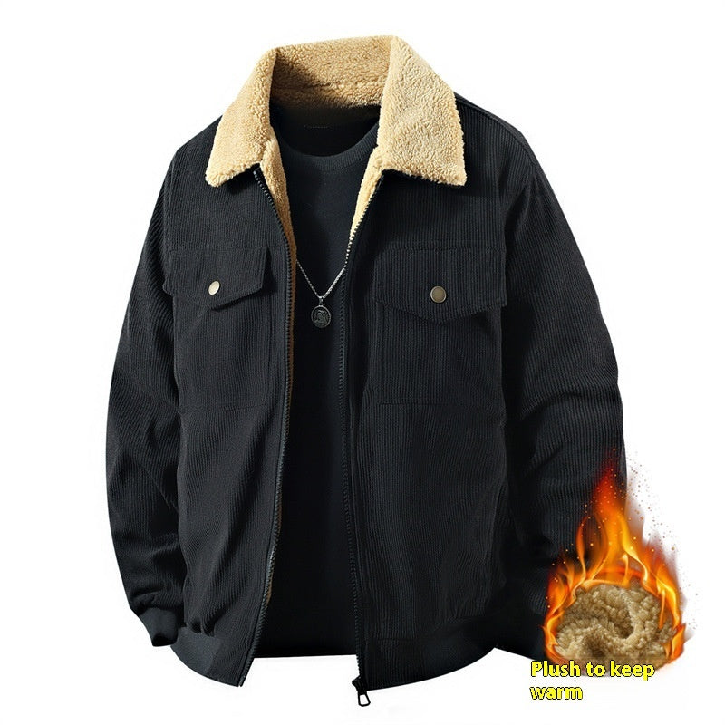 Premium Men's Fleece Corduroy Cotton Coat - Casual Polo Collar Winter Jacket