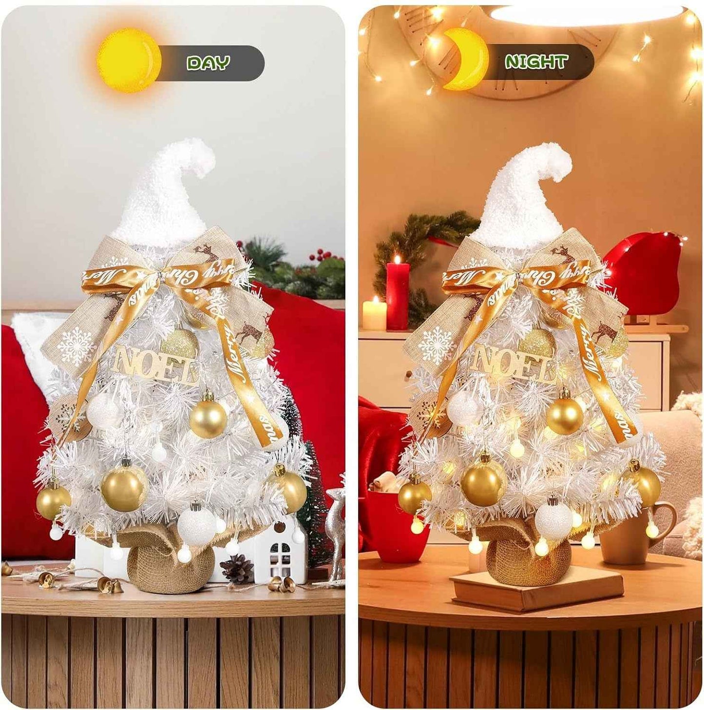 24-Inch Snowy Christmas Tree - Golden Balls, Ribbons & Festive Hat - DropOnline.co