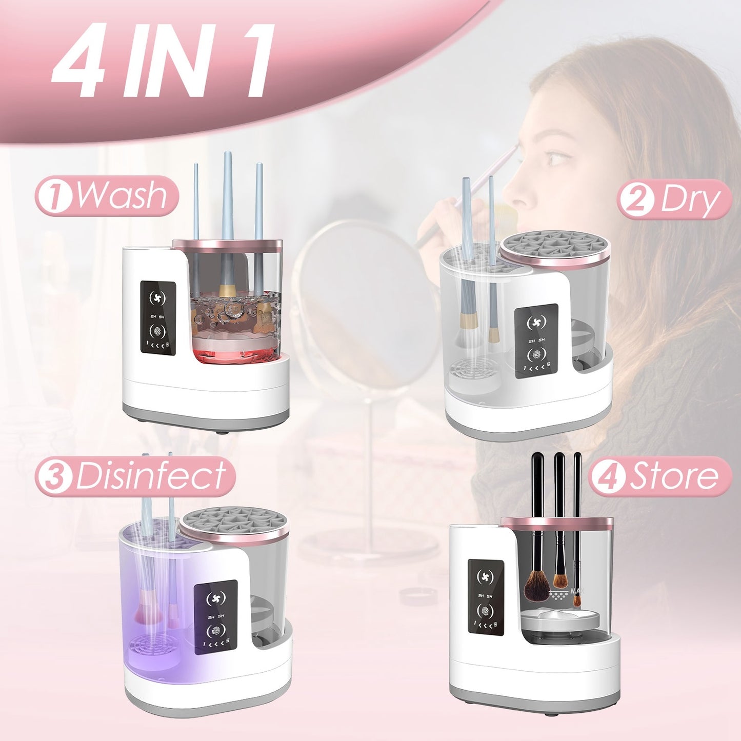 4 In 1 Electric Makeup Brush Cleaner USB Powered Automatic Brush Blender Machine With Timer Digital Display Cleaning Drying UV Disinfection Brush Storage For All Types Of Brushes