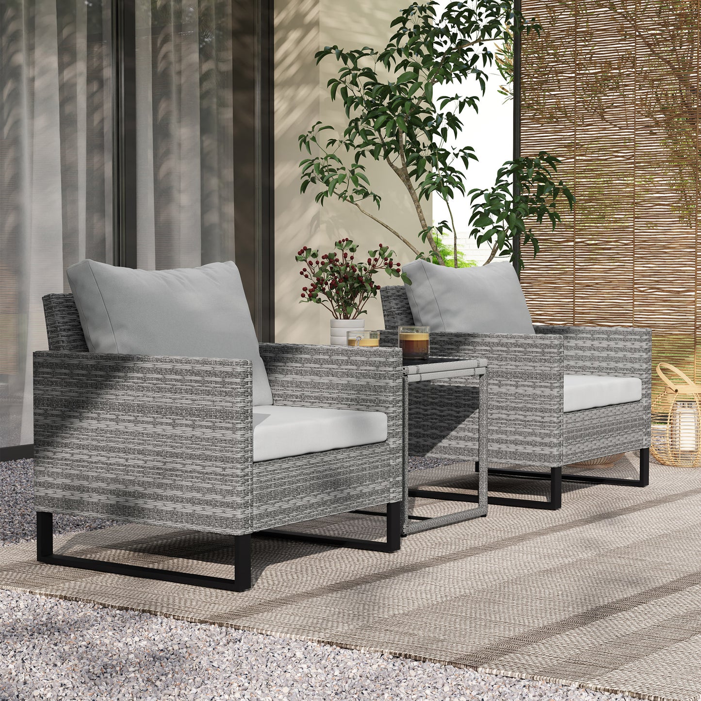 Patio Set, Wicker Bistro Set With Cushions, Rattan Chairs, Glass Coffee Table For Backyard, Porch, Balcony, Gray