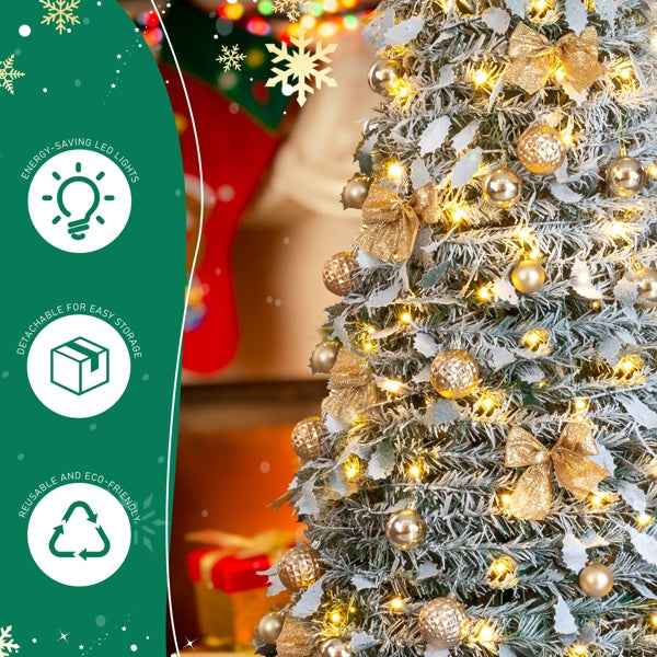 6 FT Snow Flocked Pre-lit Pop Up Christmas Tree with 100 Warm Lights & Ornaments