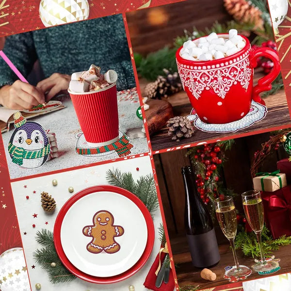 6 Packs Christmas Rhinestone Art Coasters with Holder - 5D DIY Set